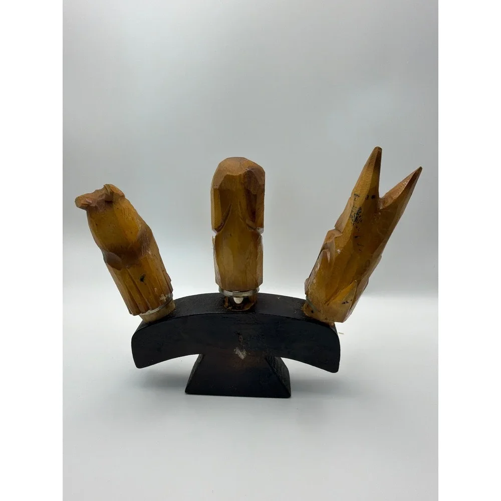 Vintage Hand Carved Wood Dog Bottle Stopper Set with Stand Scottie Folk Art